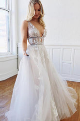 A Line Deep V-Neck Backless White Tulle Prom Dress With Appliques DMQ63